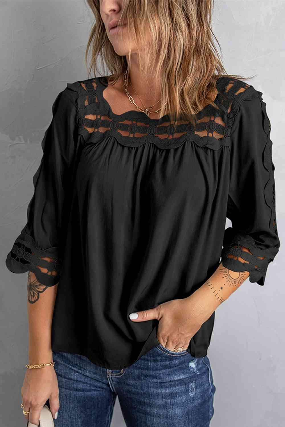 Crochet Openwork Three-Quarter Sleeve Blouse Black Blouses - Tophatter Daily Deals