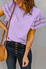 Round Neck Openwork Flutter Sleeve Top Blouses - Tophatter Daily Deals