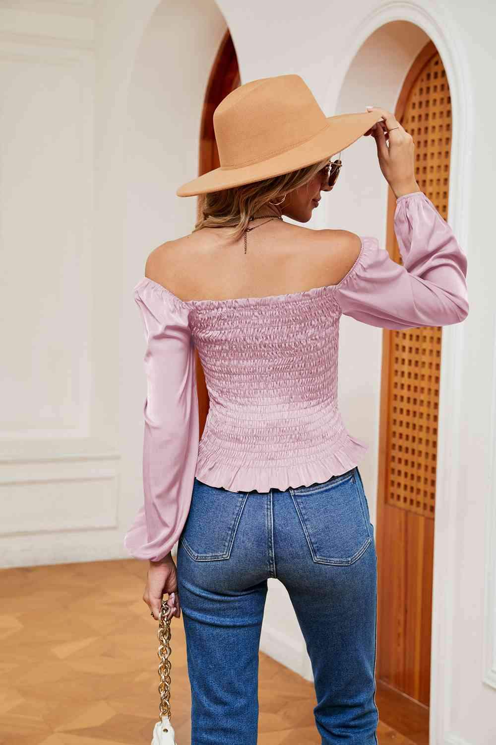 Smocked Off-Shoulder Ruffle Hem Blouse Blouses - Tophatter Daily Deals