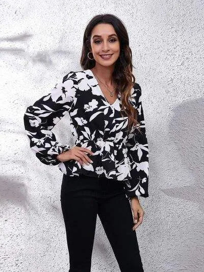 Floral V-Neck Balloon Sleeve Peplum Blouse Black Blouses - Tophatter Daily Deals