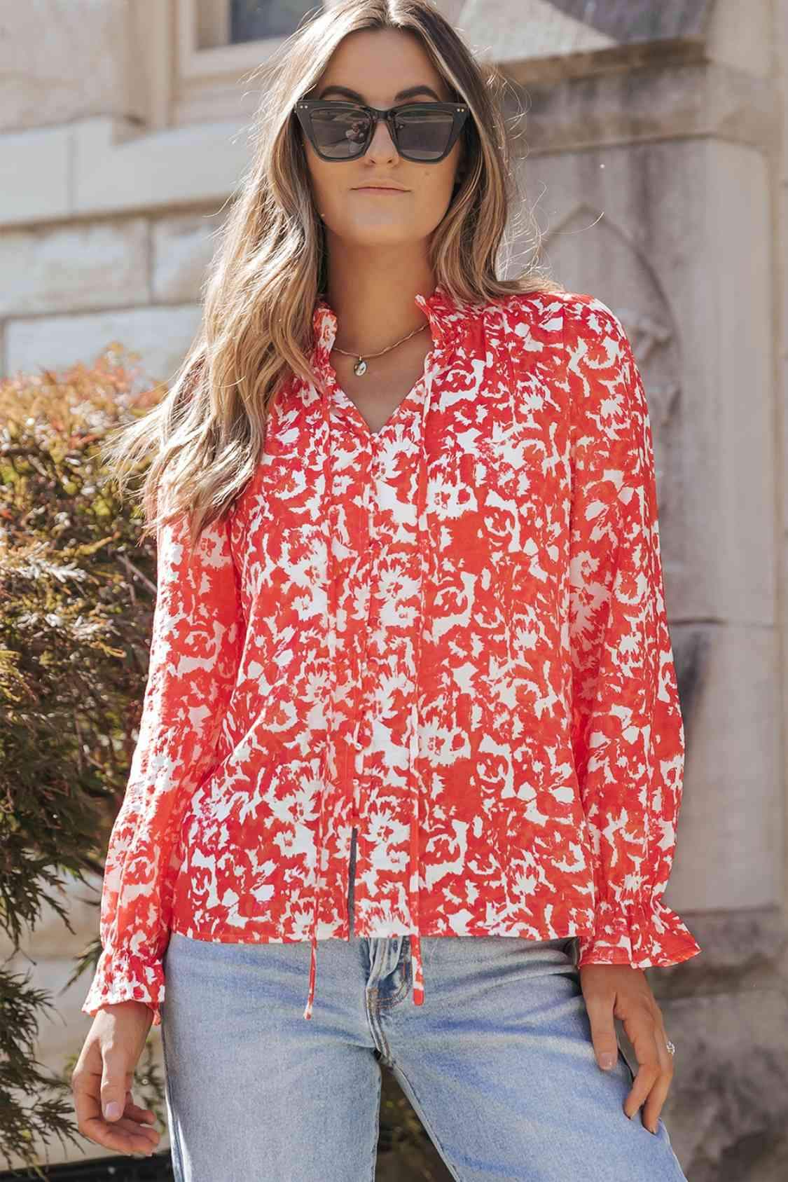 Printed Tie Neck Flounce Sleeve Blouse Deep Red Blouses - Tophatter Daily Deals