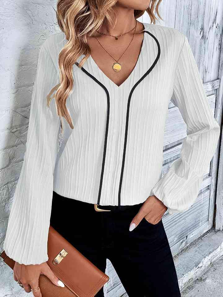 Contrast V-Neck Long Sleeve Blouse Blouses - Tophatter Daily Deals