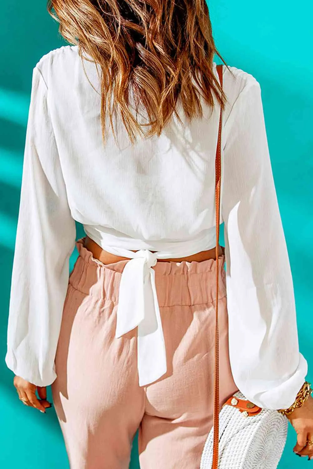 Tied Balloon Sleeve Cropped Blouse Blouses - Tophatter Daily Deals