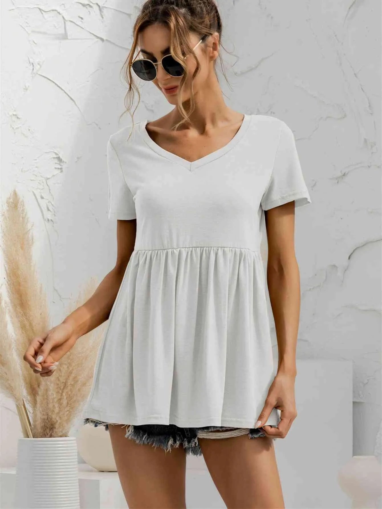 V-Neck Short Sleeve Babydoll Top Blouses - Tophatter Daily Deals