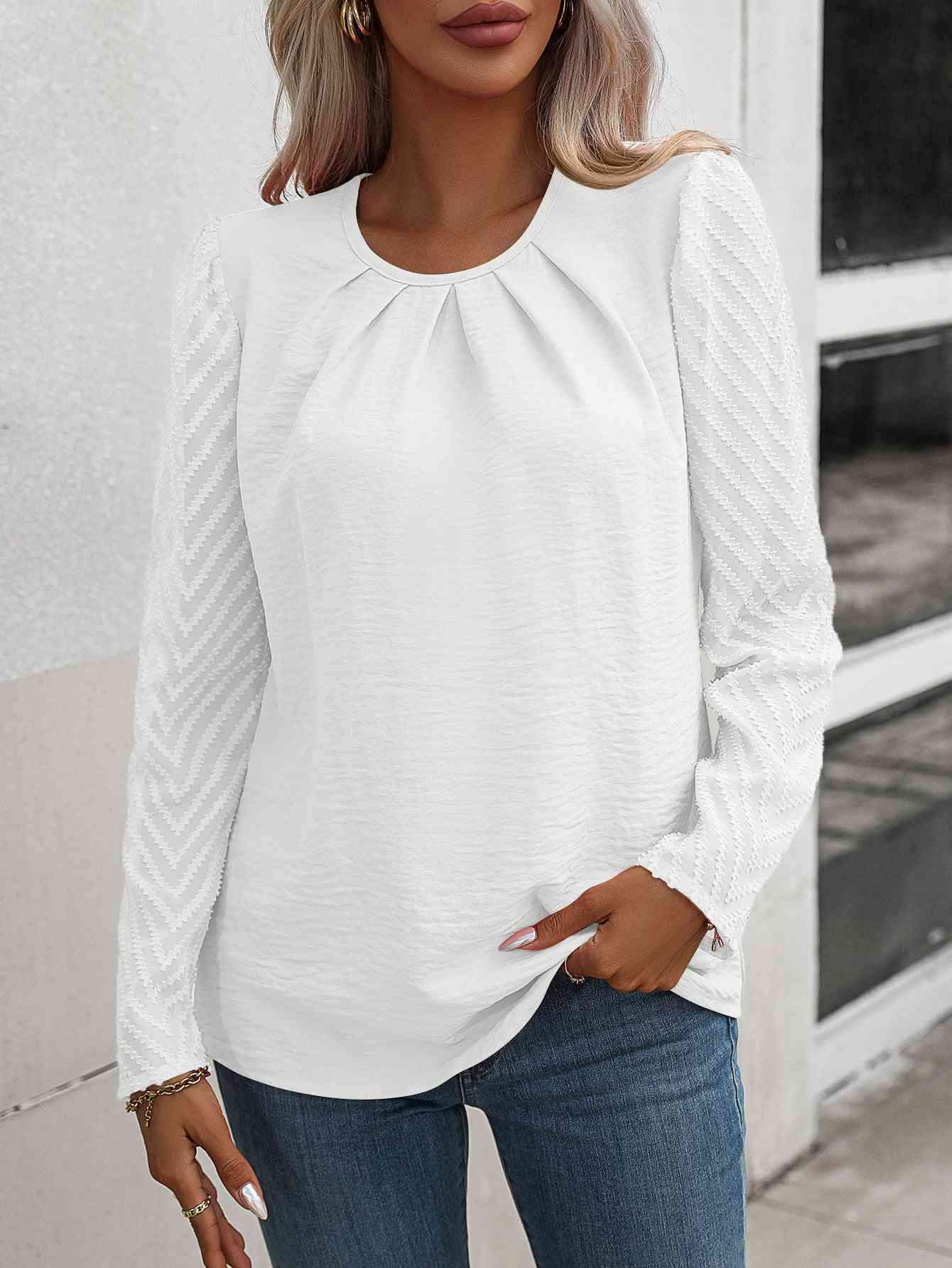 Ruched Round Neck Puff Sleeve Blouse White Blouses - Tophatter Daily Deals