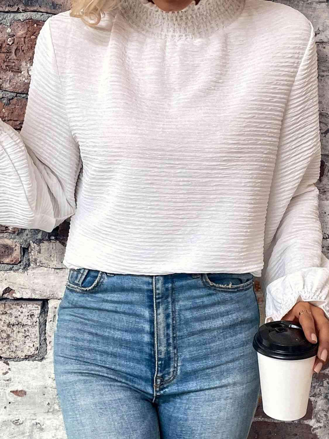 Smocked Mock Neck Flounce Sleeve Top White Blouses - Tophatter Daily Deals