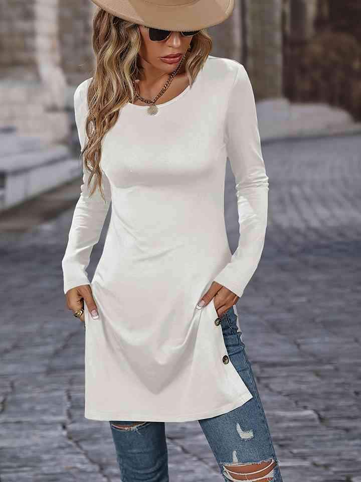 Decorative Button Slit Long Sleeve T-Shirt Women's T-Shirts - Tophatter Daily Deals