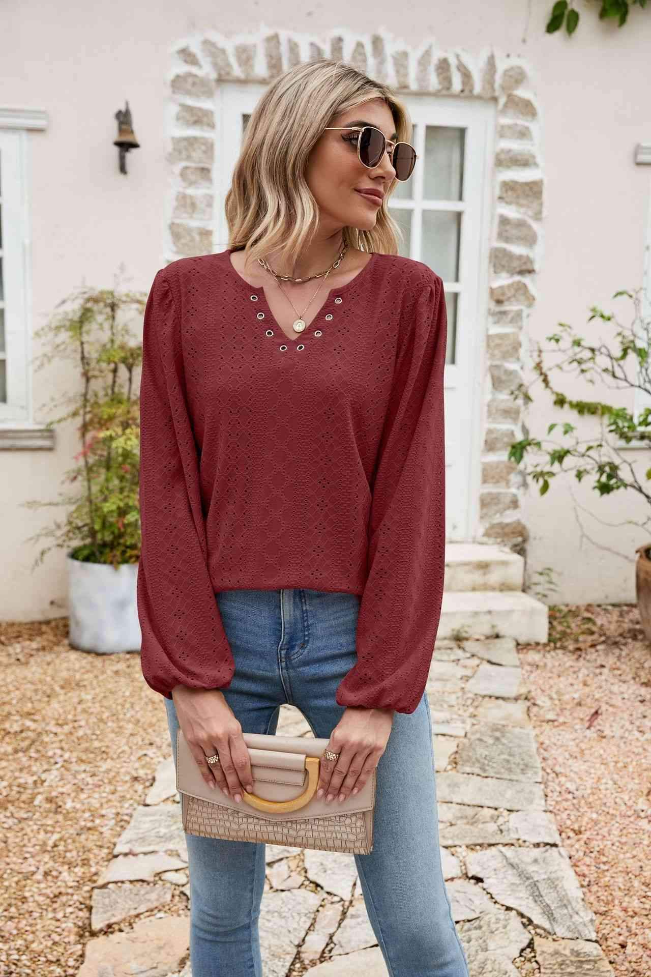 Eyelet Notched Neck Balloon Sleeve Blouse Blouses - Tophatter Daily Deals