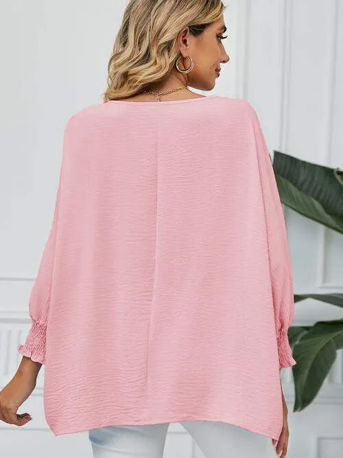 Smocked Lantern Sleeve Round Neck Blouse Blouses - Tophatter Daily Deals