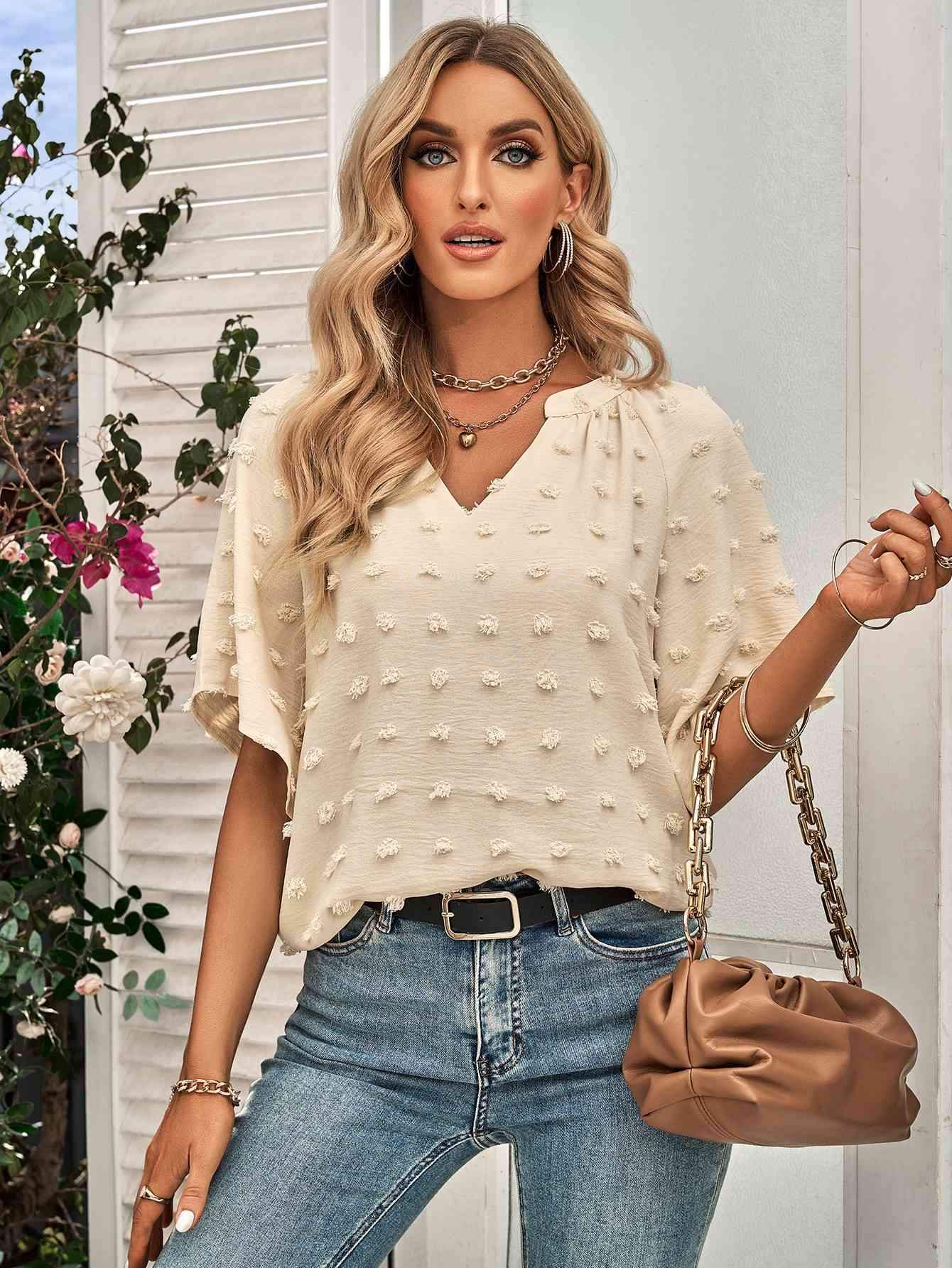 Swiss Dot Notched Neck Flare Sleeve Blouse Blouses - Tophatter Daily Deals