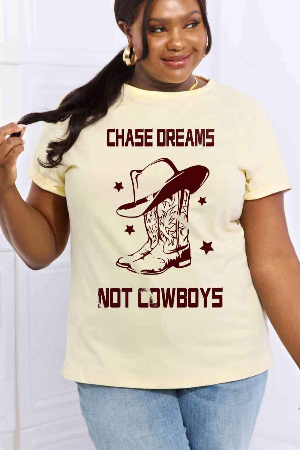 Simply Love Simply Love Full Size CHASE DREAMS NOT COWBOYS Graphic Cotton Tee Ivory - Tophatter Daily Deals