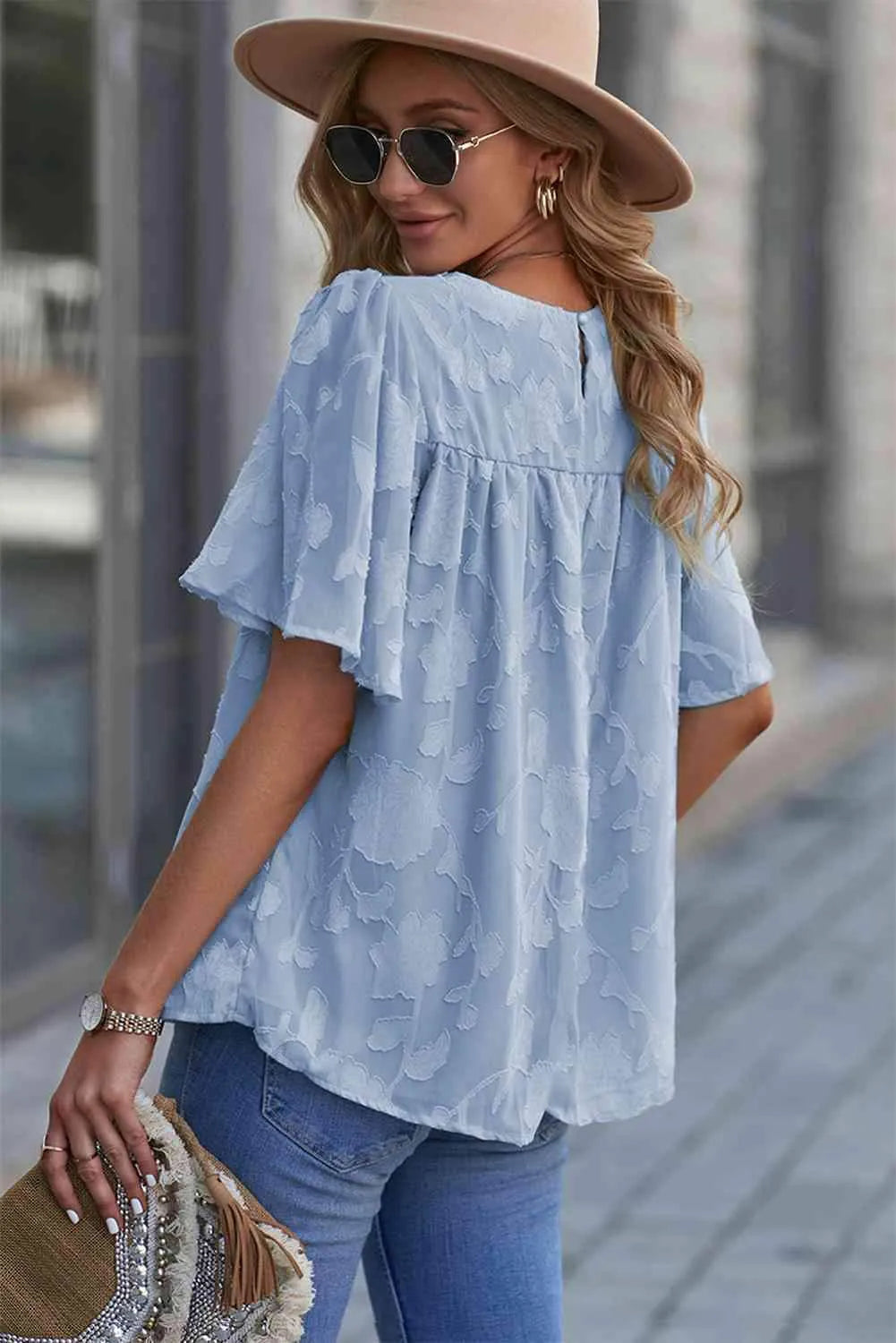 Round Neck Puff Sleeve Blouse Blouses - Tophatter Daily Deals