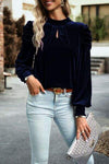 Tie Up Mock Neck Velvet Fabric Long Sleeve Blouse Dark Navy Blouses - Tophatter Daily Deals