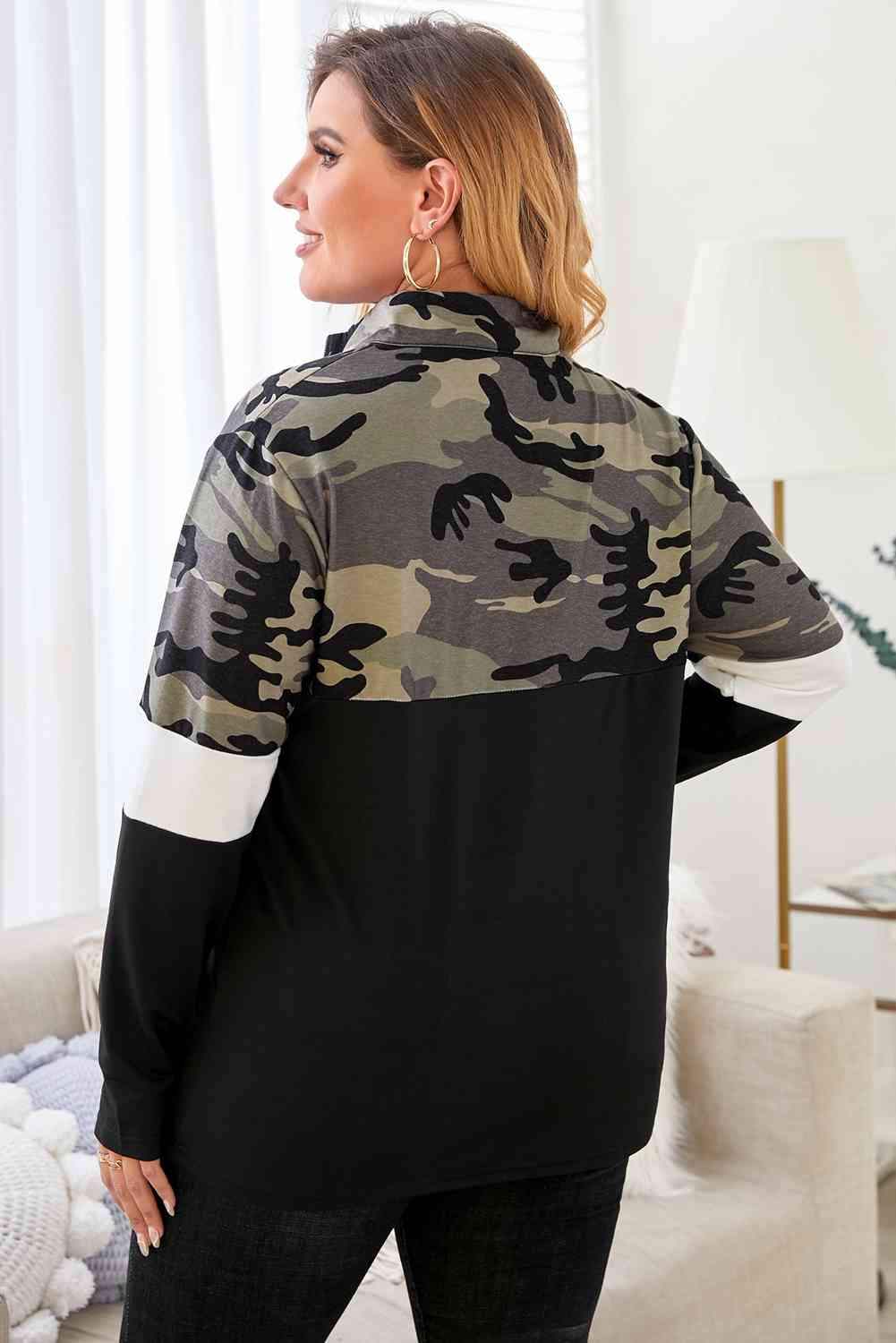 Plus Size Camouflage Color Block Quarter Zip Top Blouses - Tophatter Daily Deals