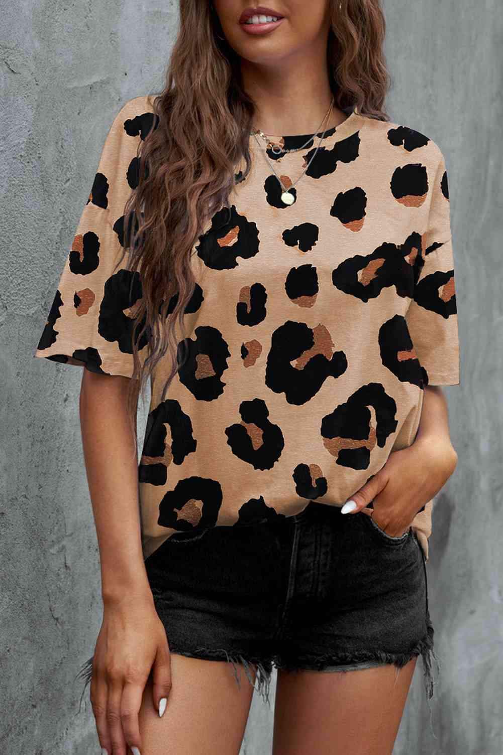 Animal Print Dropped Shoulder Round Neck T-Shirt Women's T-Shirts - Tophatter Daily Deals