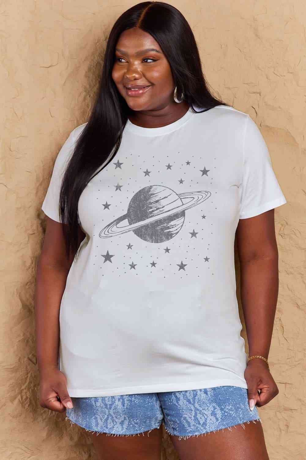 Simply Love Full Size Planet Graphic Cotton T-Shirt Bleach Women's T-Shirts - Tophatter Daily Deals