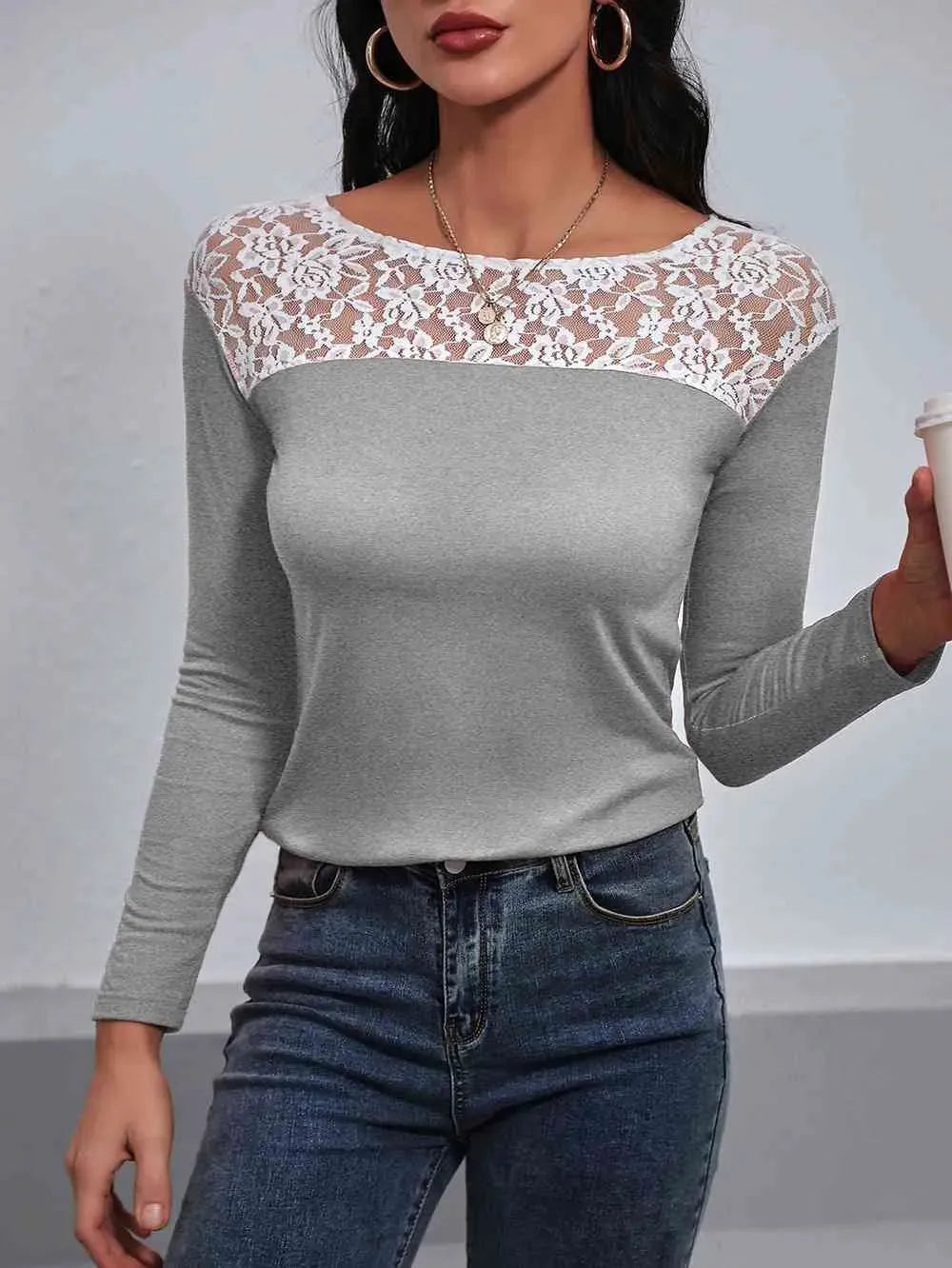 Lace Trim Long Sleeve Round Neck Tee Light Gray Women's T-Shirts - Tophatter Daily Deals