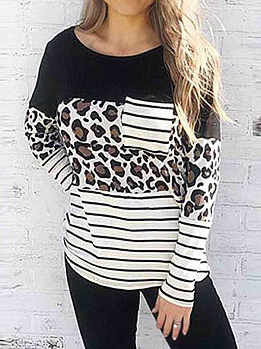 Leopard Striped Long Sleeve T-Shirt White Women's T-Shirts - Tophatter Daily Deals