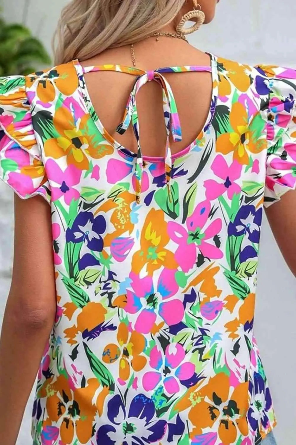 Floral Tie Back Flutter Sleeve Blouse Blouses - Tophatter Daily Deals