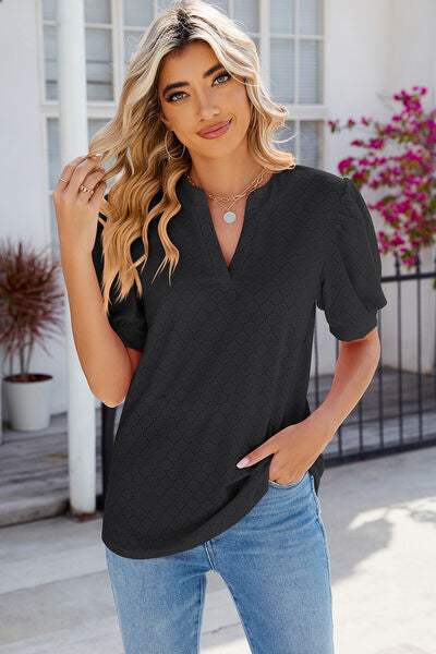 Eyelet Notched Puff Sleeve T-Shirt Women's T-Shirts - Tophatter Daily Deals