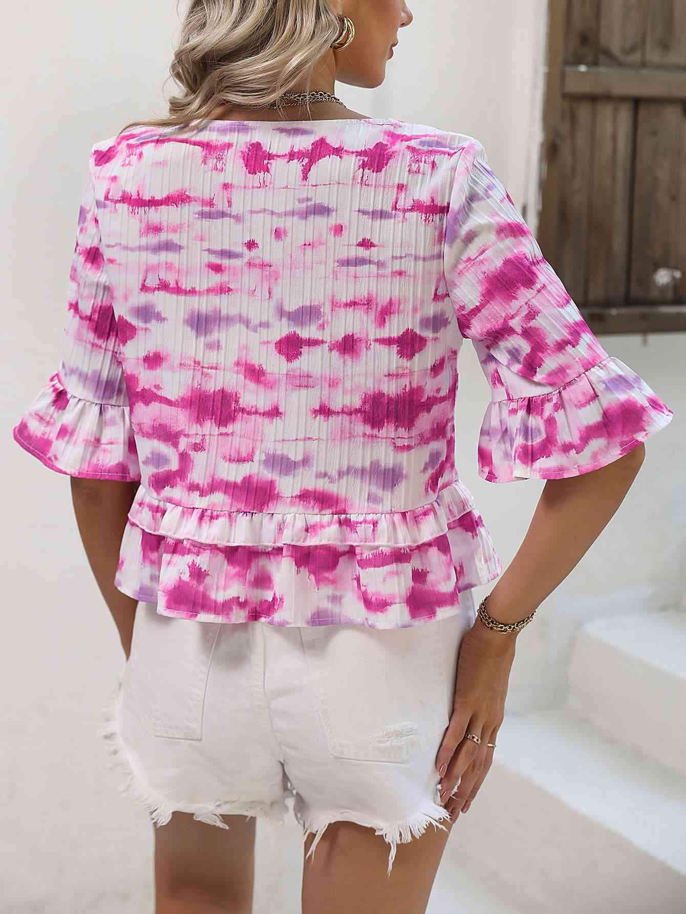 Tie-Dye V-Neck Peplum Top Blouses - Tophatter Daily Deals