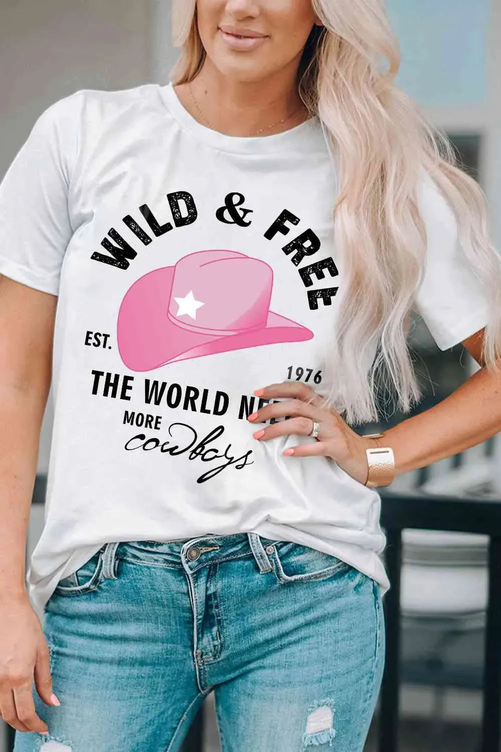 Slogan Graphic Cuffed Tee Round Neck Tee Shirt Women's T-Shirts - Tophatter Daily Deals