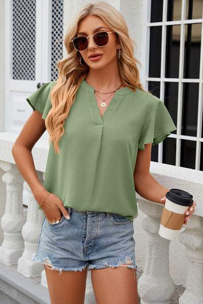 Notched Cap Sleeve T-Shirt Gum Leaf Women's T-Shirts - Tophatter Daily Deals