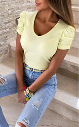 Puff Sleeve V-Neck Ribbed Top Butter Yellow Women's T-Shirts - Tophatter Daily Deals