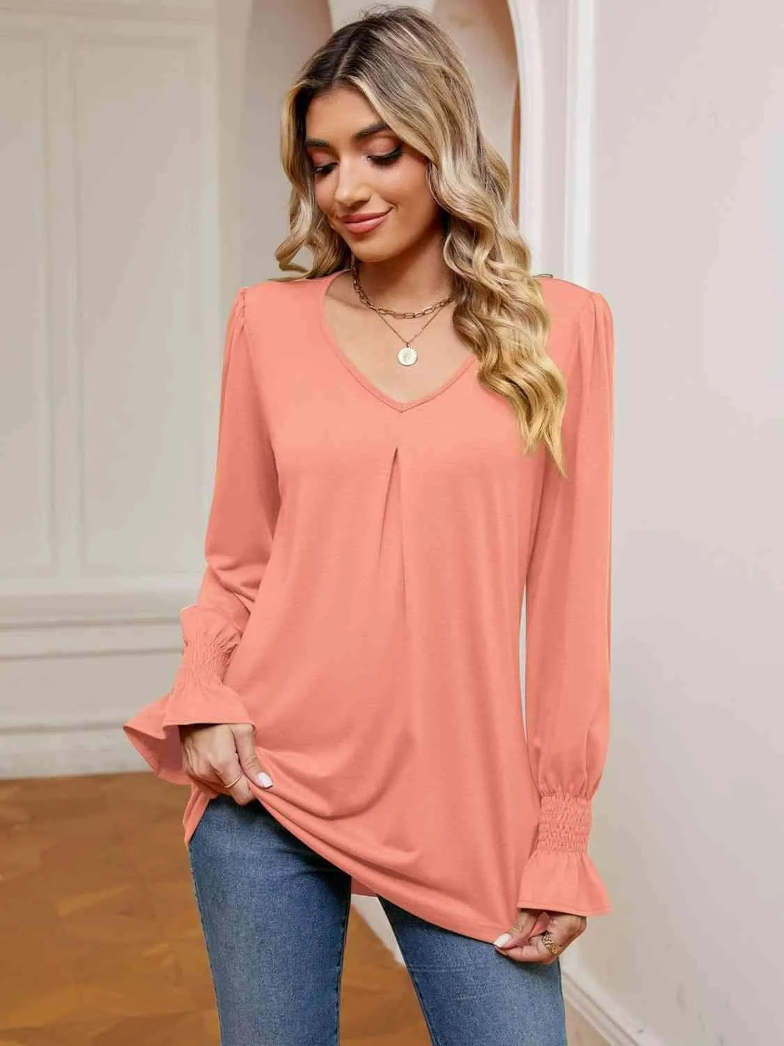 V-Neck Flounce Sleeve Blouse Blouses - Tophatter Daily Deals