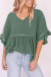 V-Neck Flounce Sleeve Babydoll Blouse Mid Green Blouses - Tophatter Daily Deals