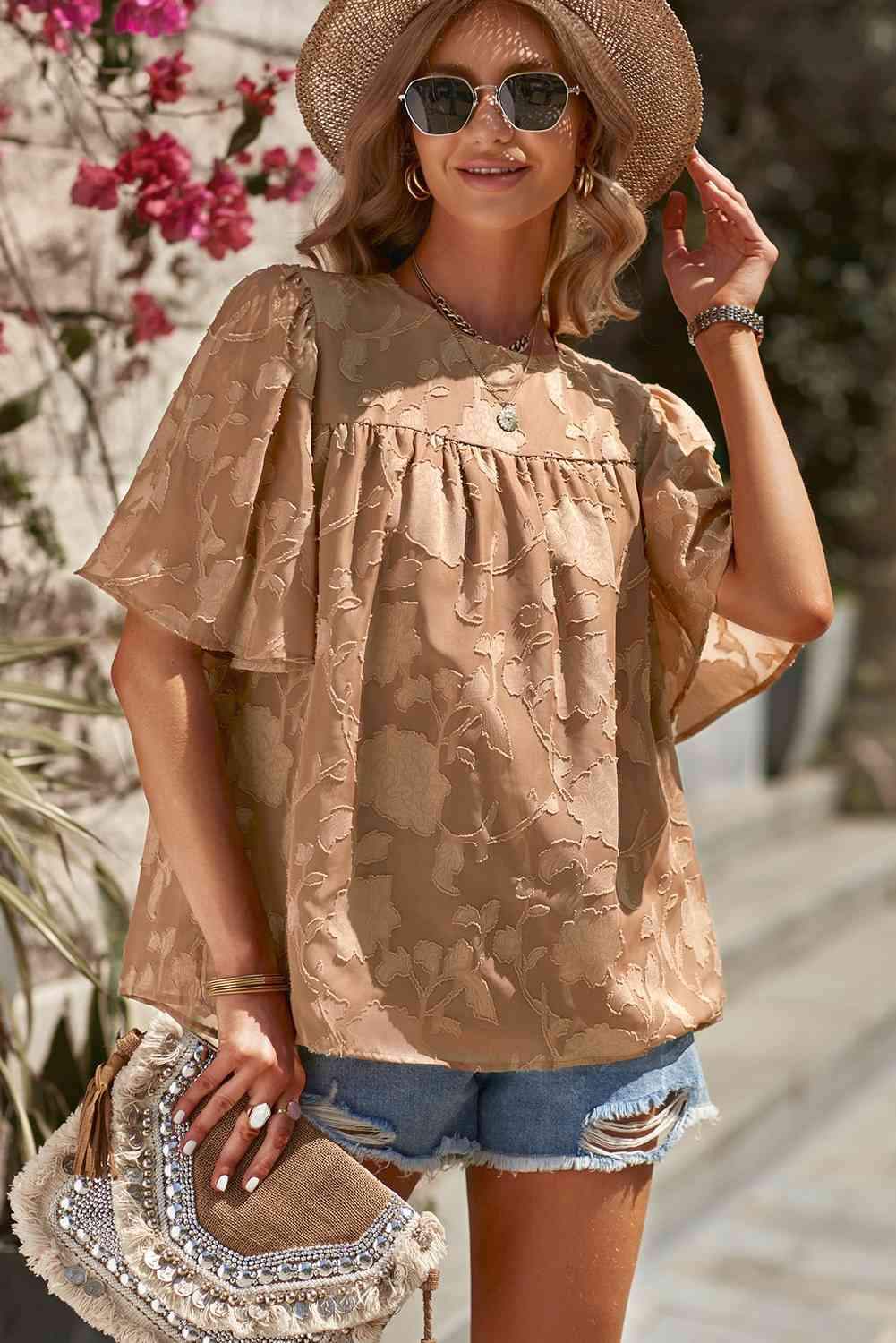 Round Neck Puff Sleeve Blouse Camel Blouses - Tophatter Daily Deals