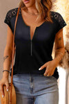 Half-Zip Scoop Neck Spliced Lace Top Black Blouses - Tophatter Daily Deals