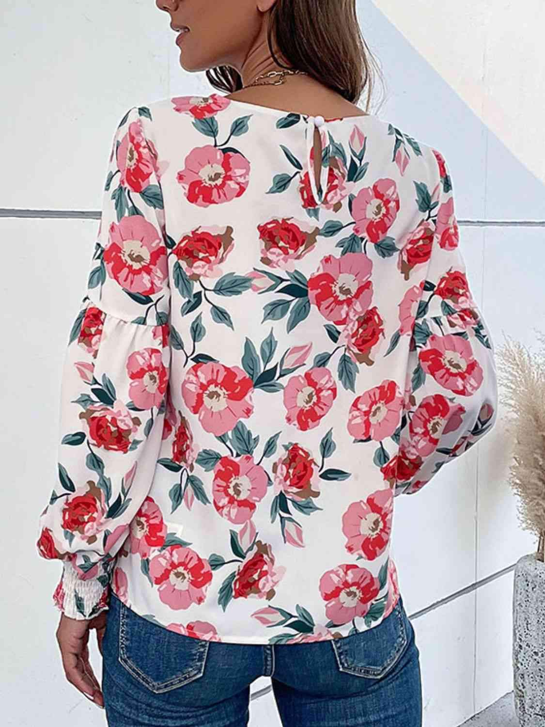 Floral Long Puff Sleeve Round Neck Blouse Blouses - Tophatter Daily Deals