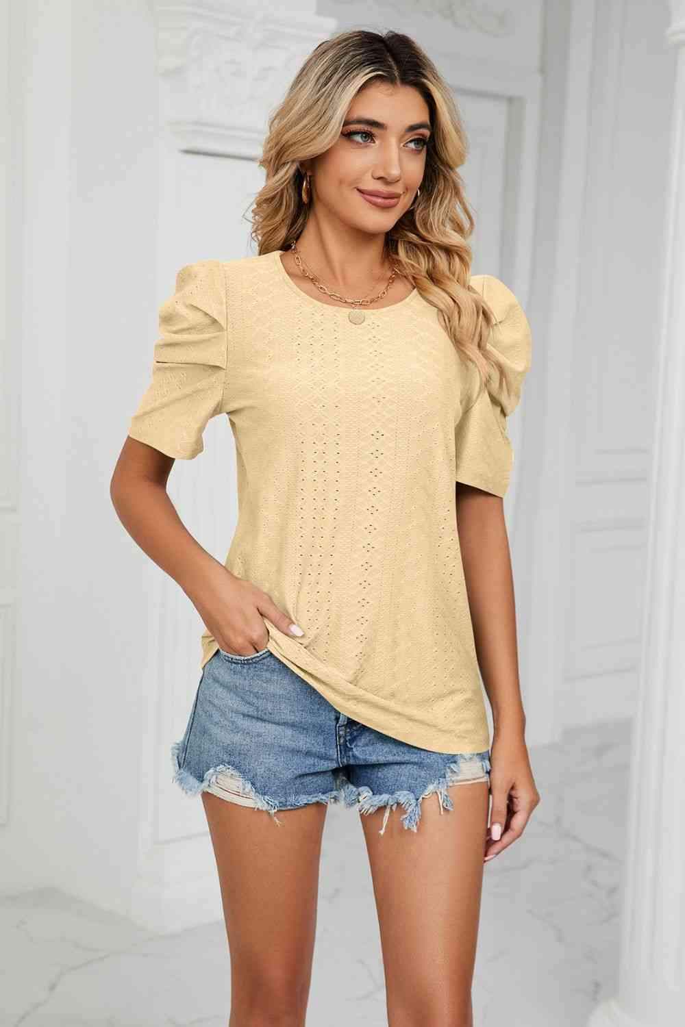 Eyelet Puff Sleeve Round Neck Blouse Blouses - Tophatter Daily Deals