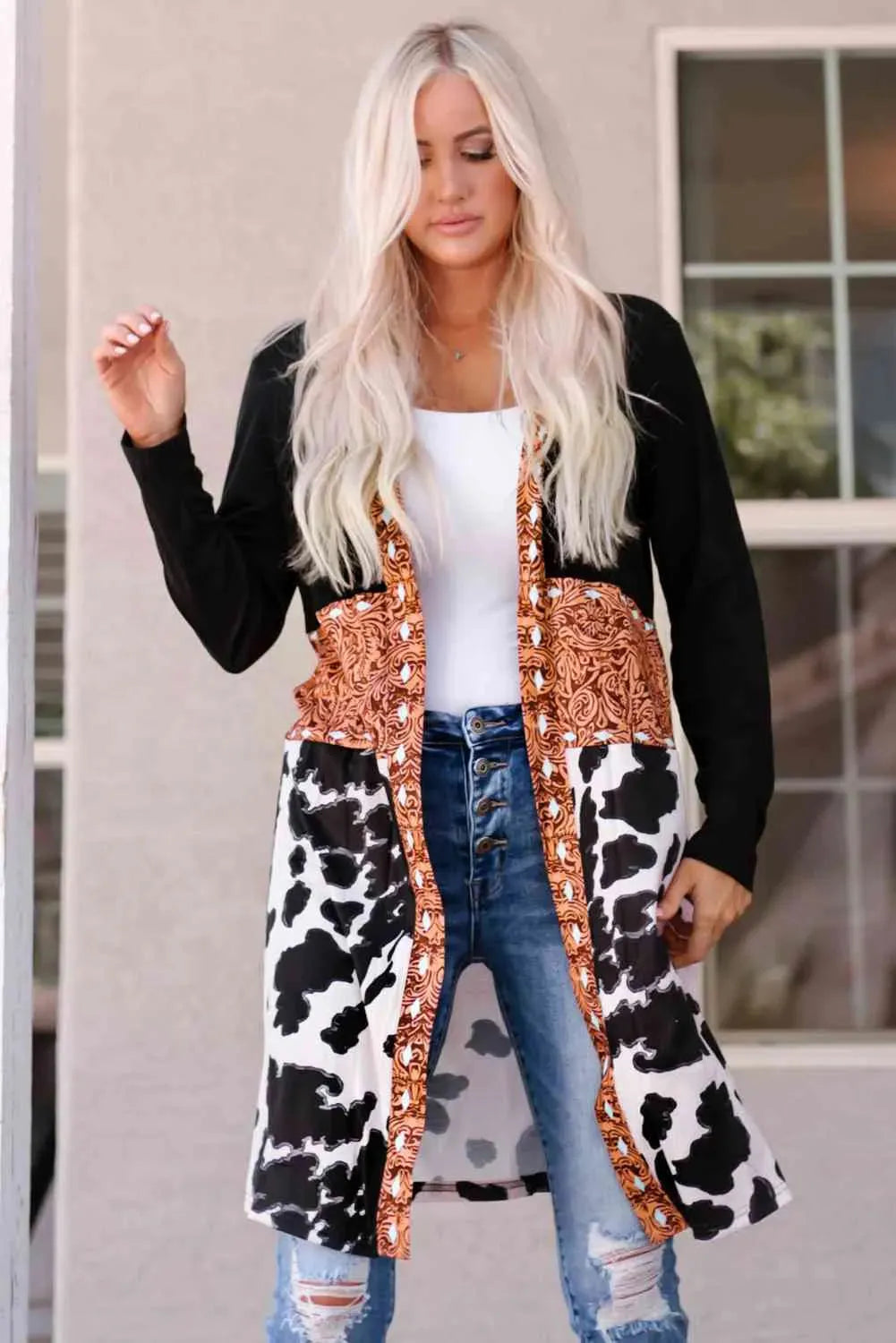 Printed Color Block Open Front Cardigan Black Blouses - Tophatter Daily Deals