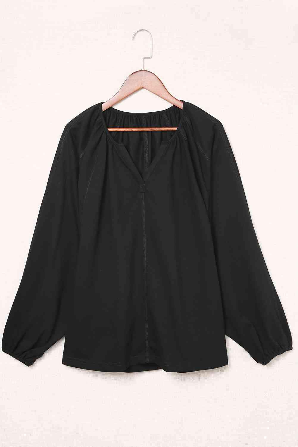 Notched Neck Balloon Sleeve Blouse Black Blouses - Tophatter Daily Deals