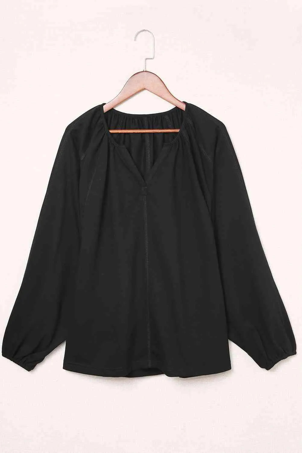 Notched Neck Balloon Sleeve Blouse Black Blouses - Tophatter Daily Deals