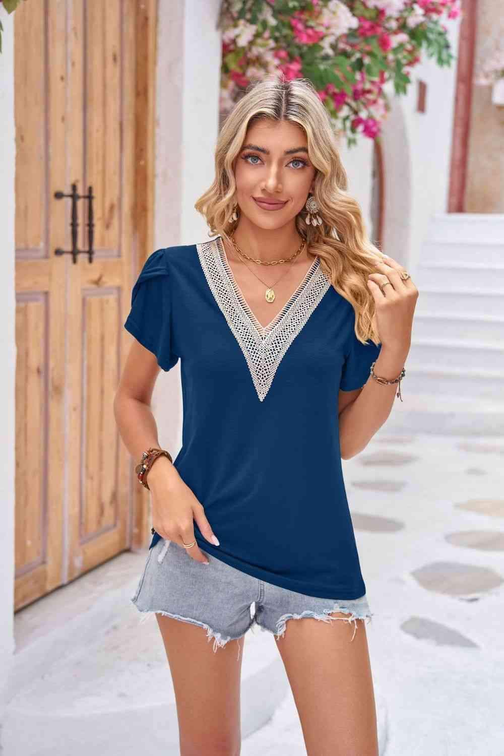 Contrast V-Neck Petal Sleeve Top French Blue Blouses - Tophatter Daily Deals