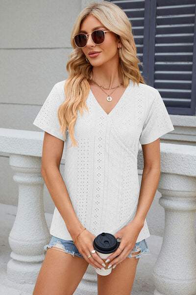 Eyelet Surplice Short Sleeve T-Shirt Women's T-Shirts - Tophatter Daily Deals