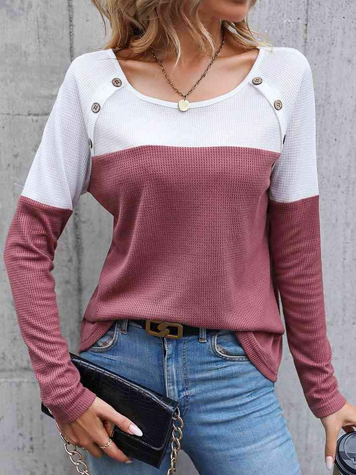 Two-Tone Buttoned Waffle-Knit Top Women's T-Shirts - Tophatter Daily Deals