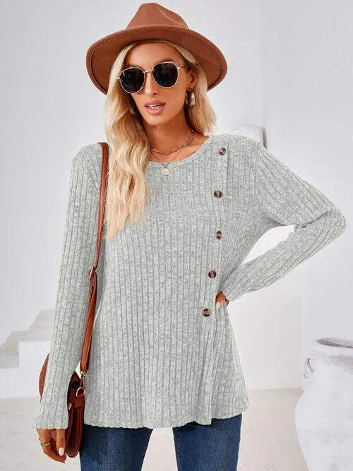 Ribbed Buttoned Round Neck Slit T-Shirt Women's T-Shirts - Tophatter Daily Deals