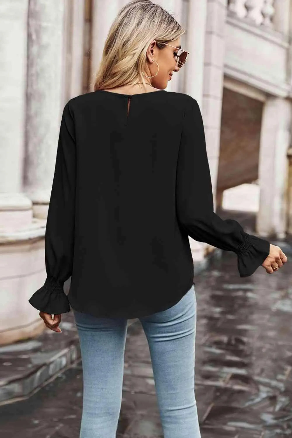 Round Neck Long Flounce Sleeve Blouse Blouses - Tophatter Daily Deals