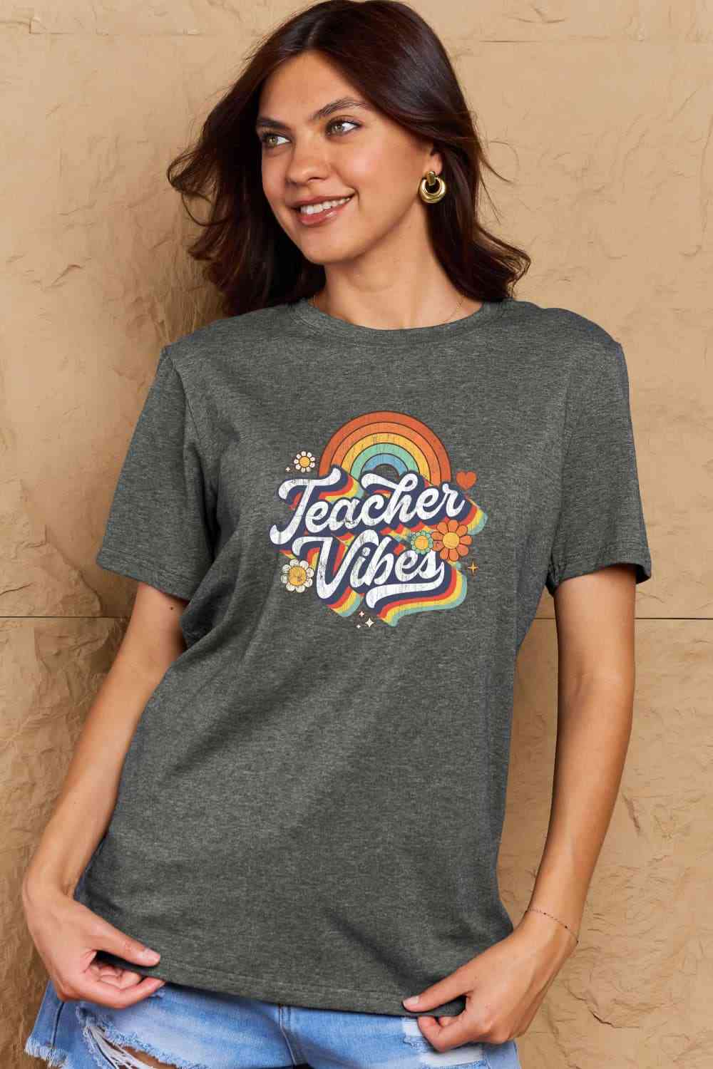 Simply Love Full Size TEACHER VIBES Graphic Cotton T-Shirt Women's T-Shirts - Tophatter Daily Deals