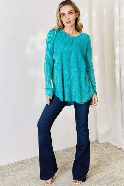 Zenana Oversized Washed Waffle Long Sleeve Top Blouses - Tophatter Daily Deals