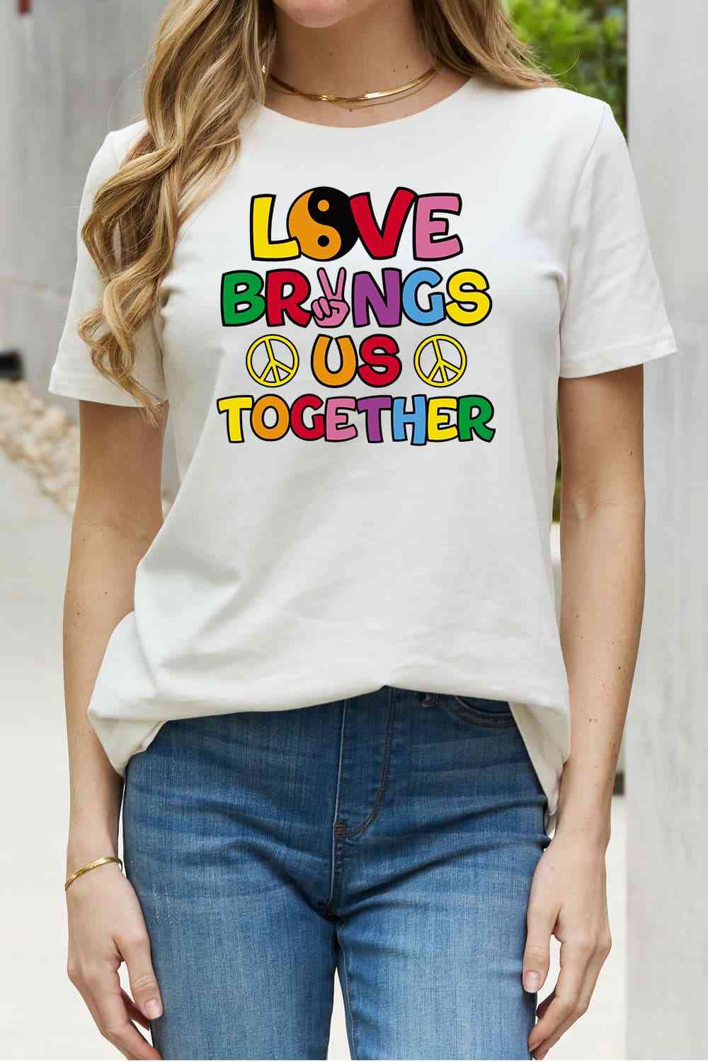 Simply Love Full Size LOVE BRINGS US TOGETHER Graphic Cotton Tee Women's T-Shirts - Tophatter Daily Deals