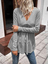 Waffle-Knit V-Neck Long Sleeve Blouse Light Gray Blouses - Tophatter Daily Deals