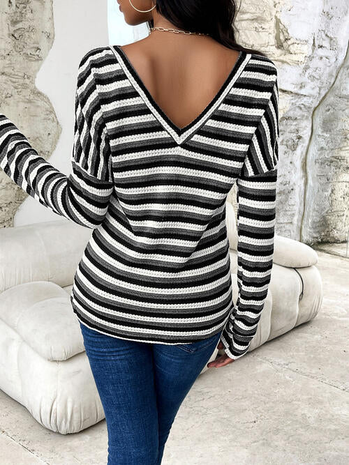 Striped Drop Shoulder Long Sleeve T-Shirt Women's T-Shirts - Tophatter Daily Deals