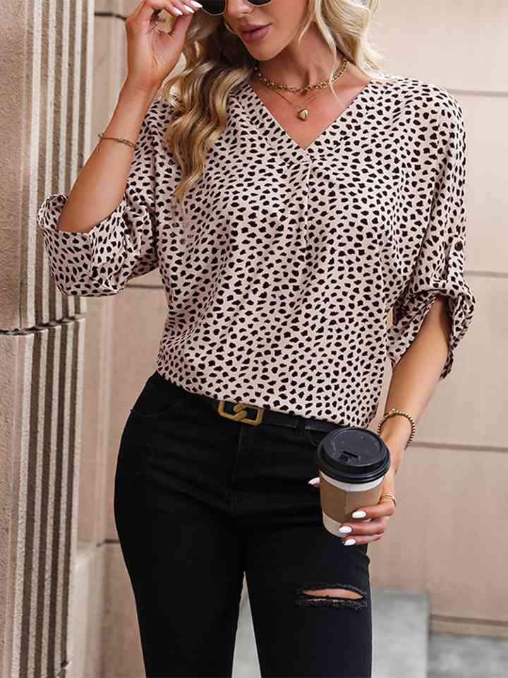 Printed V-Neck Roll-Tab Sleeve Blouse Blouses - Tophatter Daily Deals