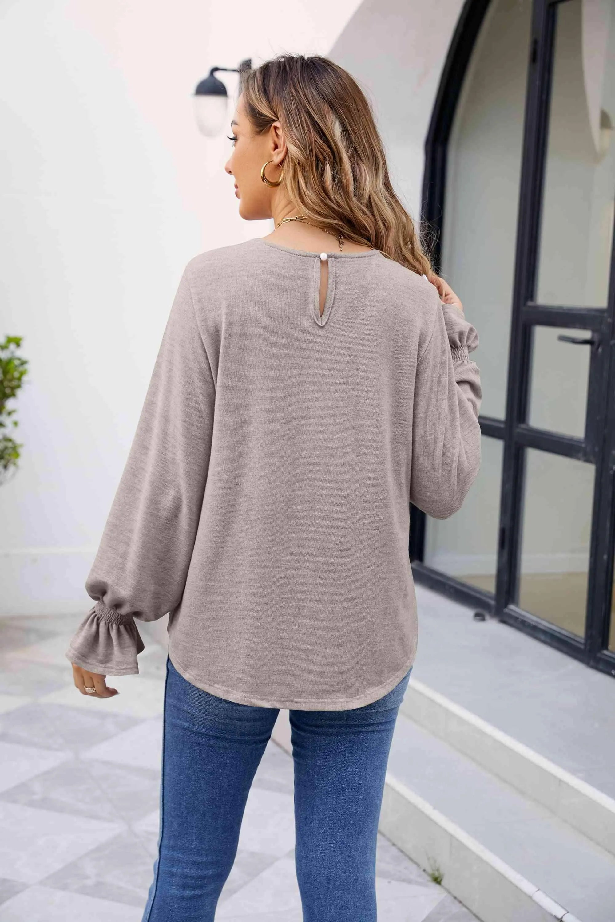 Round Neck Flounce Sleeve Blouse Blouses - Tophatter Daily Deals