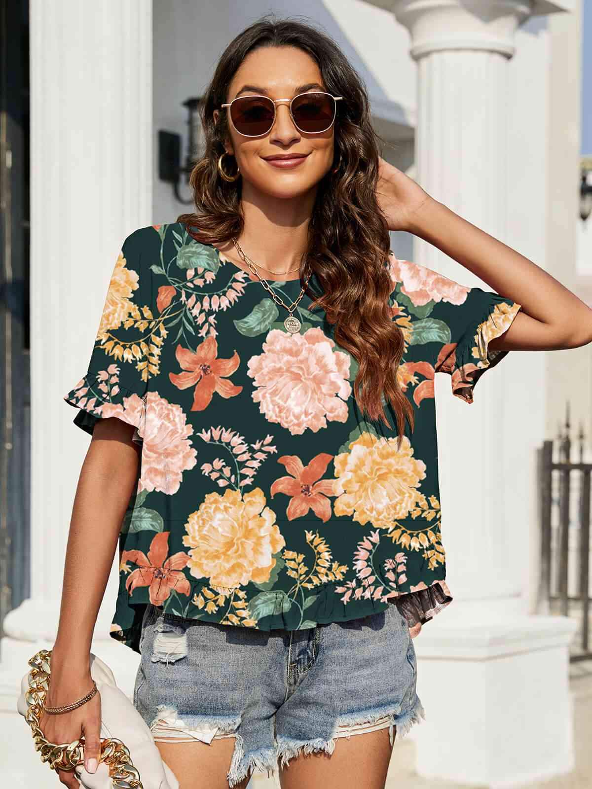 Floral Ruffled Flounce Sleeve Blouse Blouses - Tophatter Daily Deals